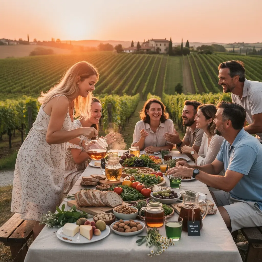 Due tazze di tè alle erbe servite su un tavolo di legno, con un panorama di montagna sullo sfondo.