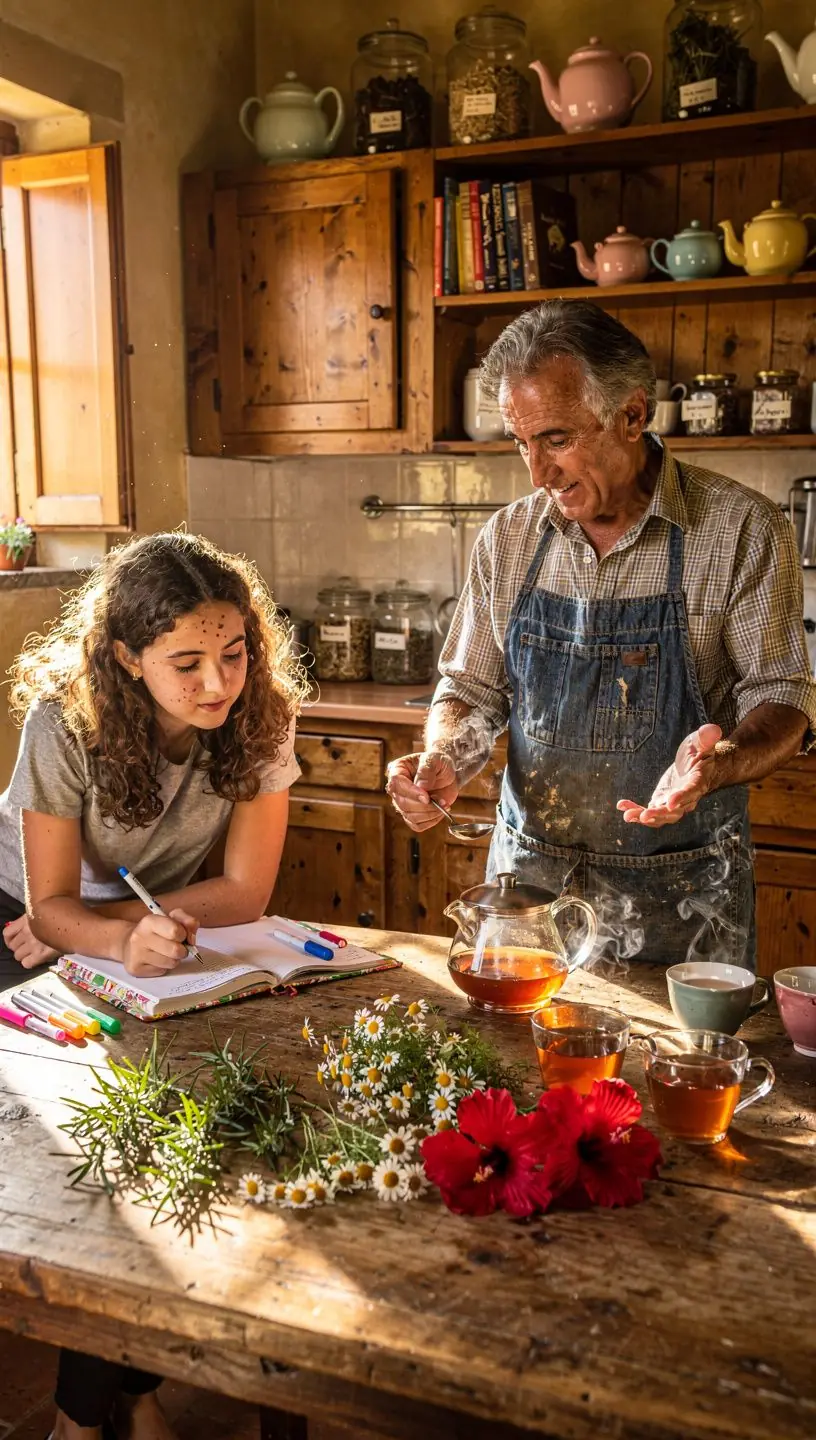 Ricetta scritta a mano per un tè rilassante, con ingredienti naturali e consigli per la preparazione.