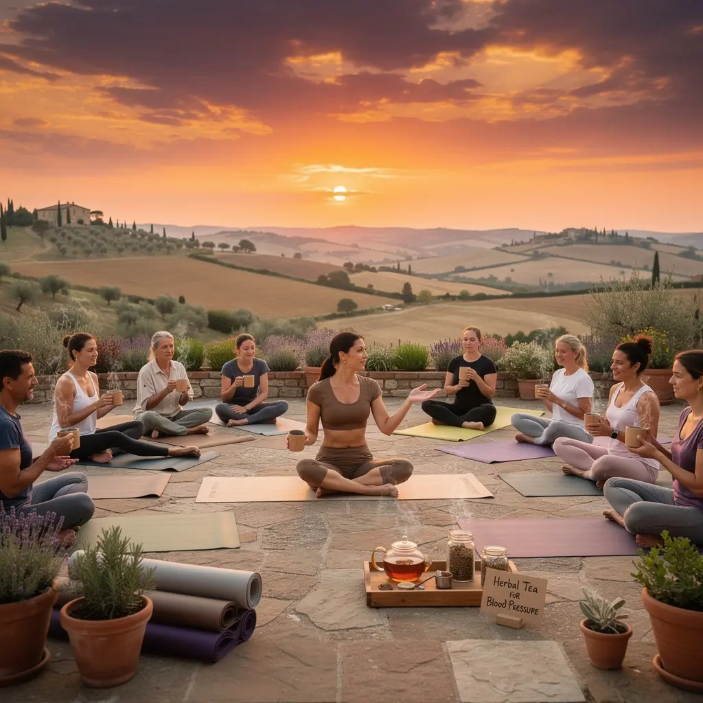Scena di un giardino con piante di tè e erbe aromatiche, simbolo di una vita sana e naturale.