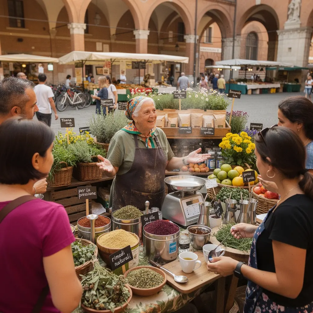 Tazza di tè fumante con foglie di tè verde fresche e un limone affettato sul bordo.