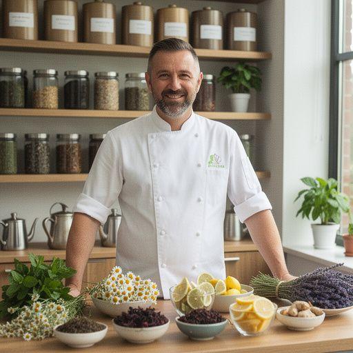 Una tazza di tè verde fumante con foglie di tè fresca sullo sfondo.